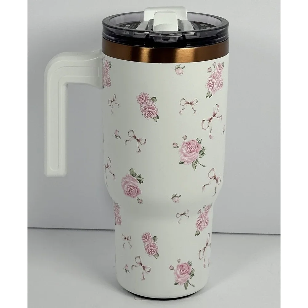 Hydrapeak Tumbler Pink Roses Bow Floral Cup Handle Straw Lid 28oz